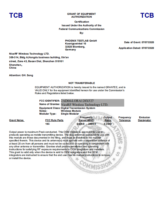 熱烈祝賀我司LORA1280F27/LORA1281F27模塊通過FCC認(rèn)證